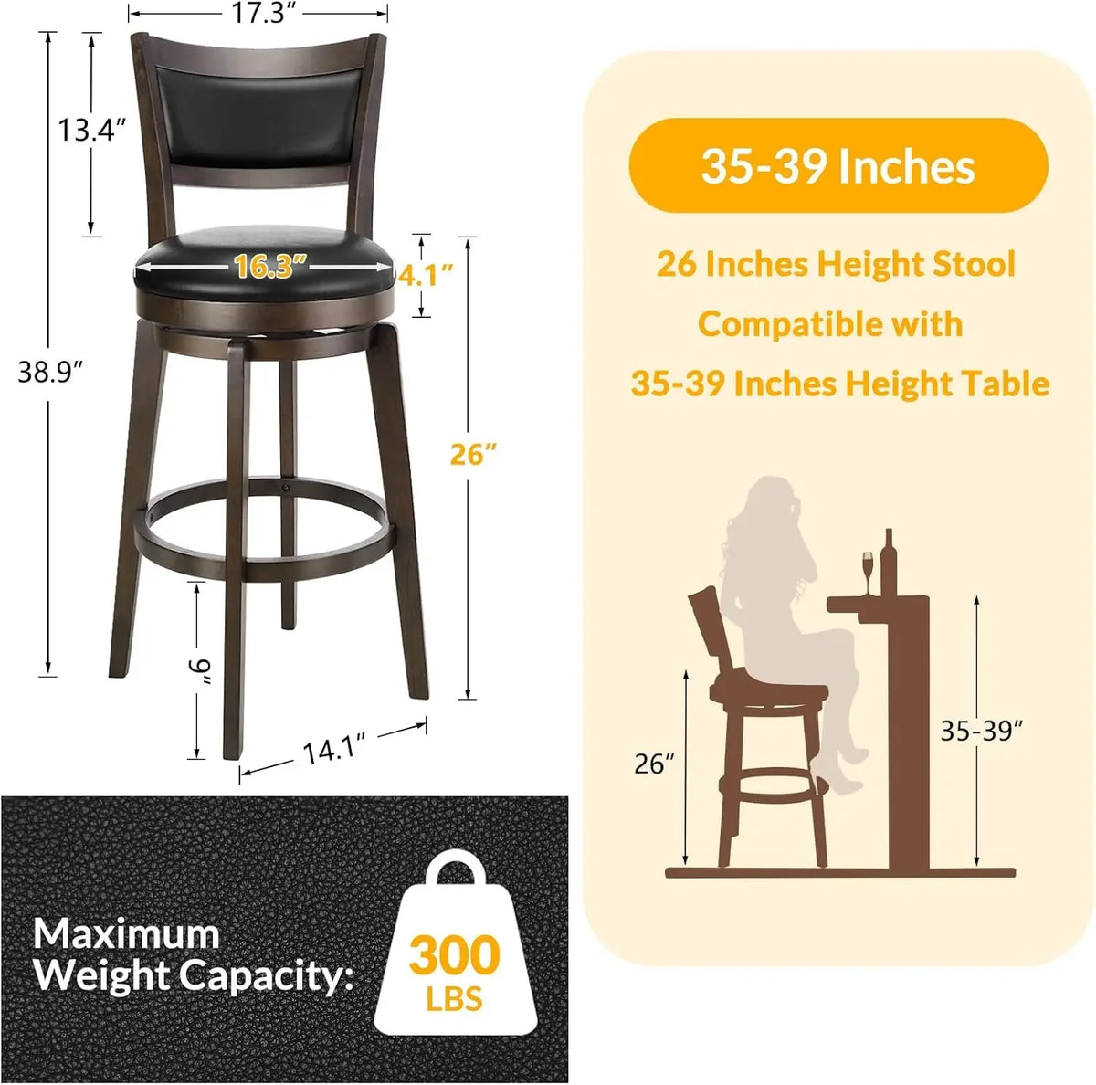 Swivel Bar Stools Set of 2, 26 Inch Counter Height Barstools | Black Faux Leather, High Backrest, Solid Rubberwood Frame