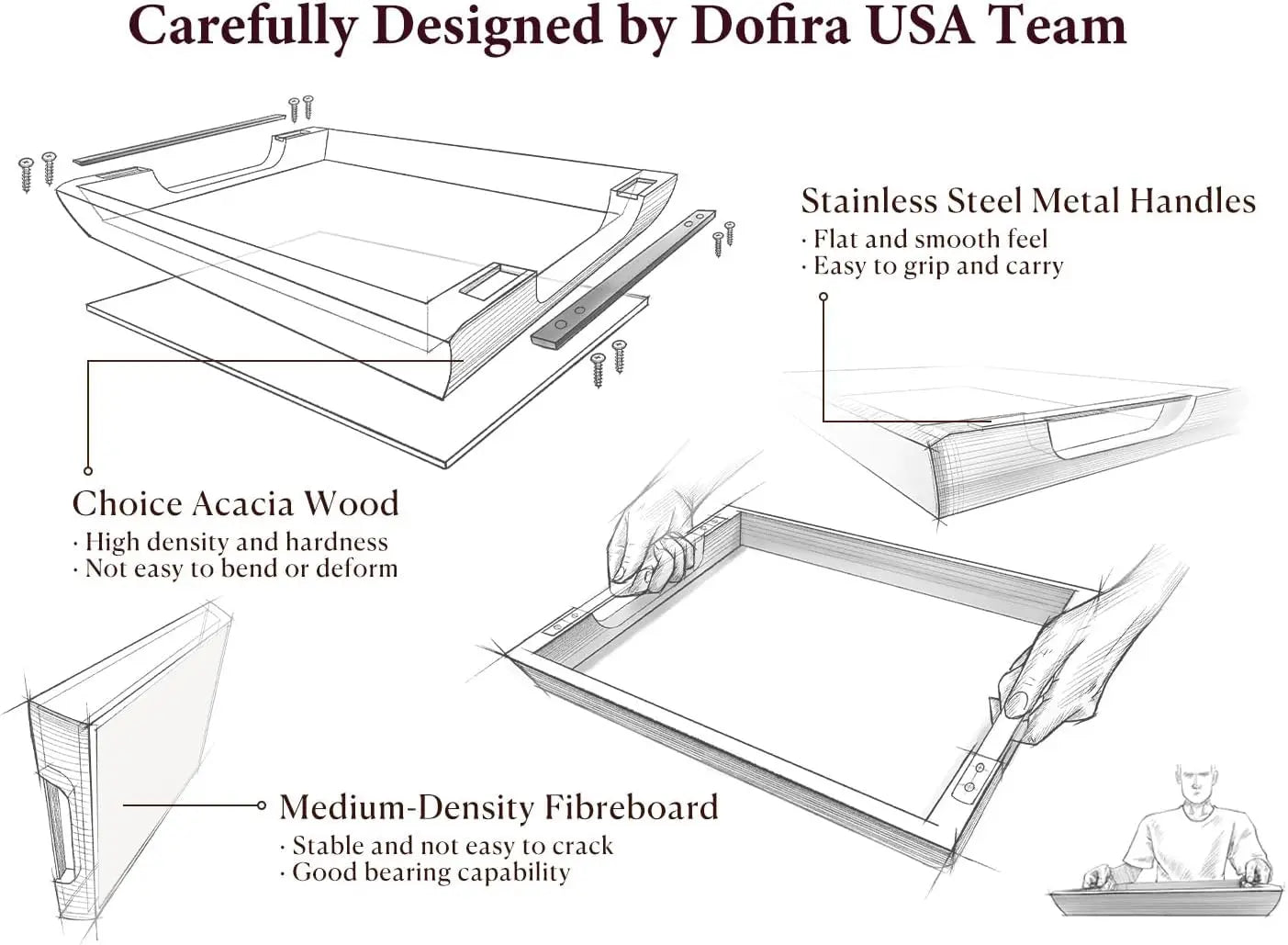 Oak & Iron Acacia Wood Ottoman Serving Tray