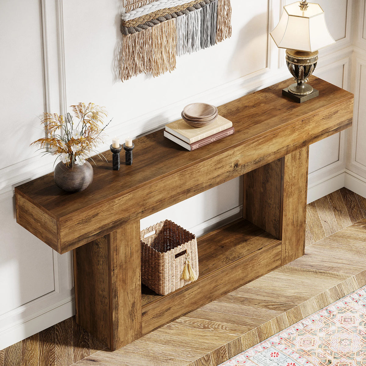 Tribesigns 160 cm Console Table, Farmhouse 2-Tier Entryway Table with U-Shaped Base, Narrow Wood Sofa Table Behind Couch Table