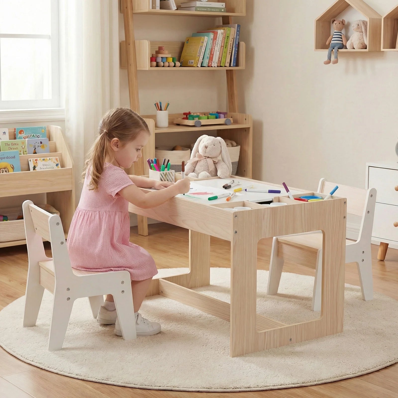 Multifunctional Kids Table & 2 Chairs Set w/ Removable Double-sized Tabletop