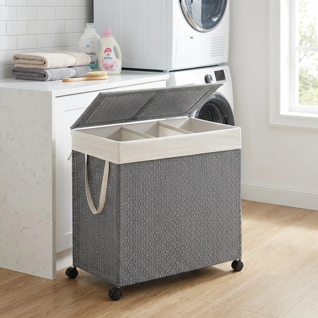 Laundry Hamper with 3 Sections, Large 36.98 gal Rolling Laundry Basket with Wheels, Rattan Clothes Basket with Lid And Removable Liner with Handles, Laundry Baskets