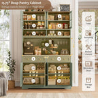 Green Kitchen Pantry & Coffee Bar Hutch with Charging Station, Glass Doors, Wine Storage & 2 Drawers