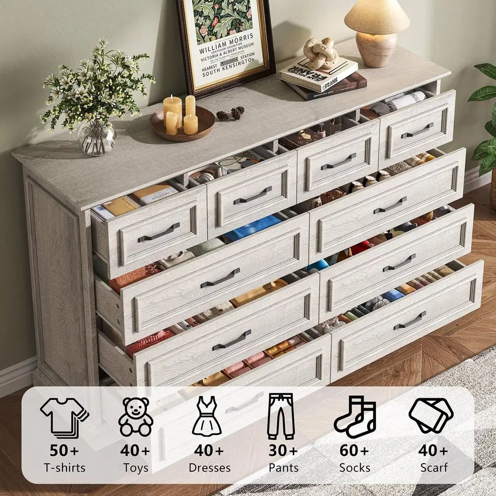 Rustic 10-Drawer Wood Dresser with Metal Handles – 55 Inch