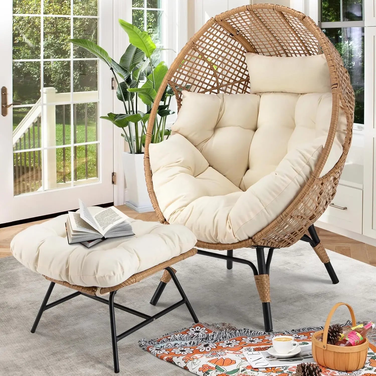 Savannah Wicker Egg Lounge Chair with Ottoman
