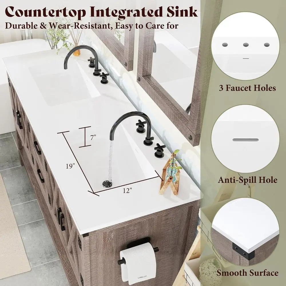 Heritage Farmhouse 60" Double Sink Bathroom Vanity with Barn Doors