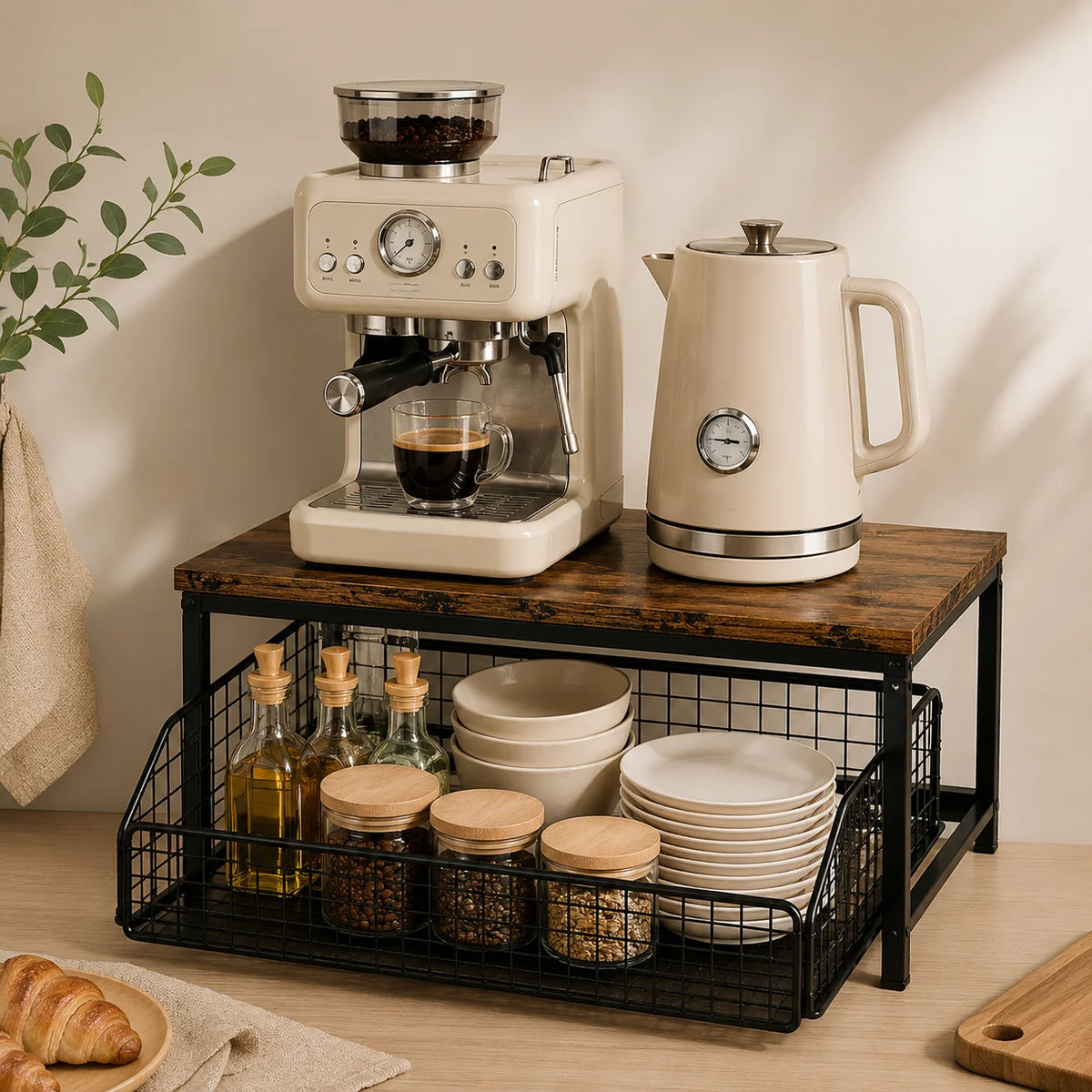 Rustic Pull-Out Countertop Organizer with Sliding Basket