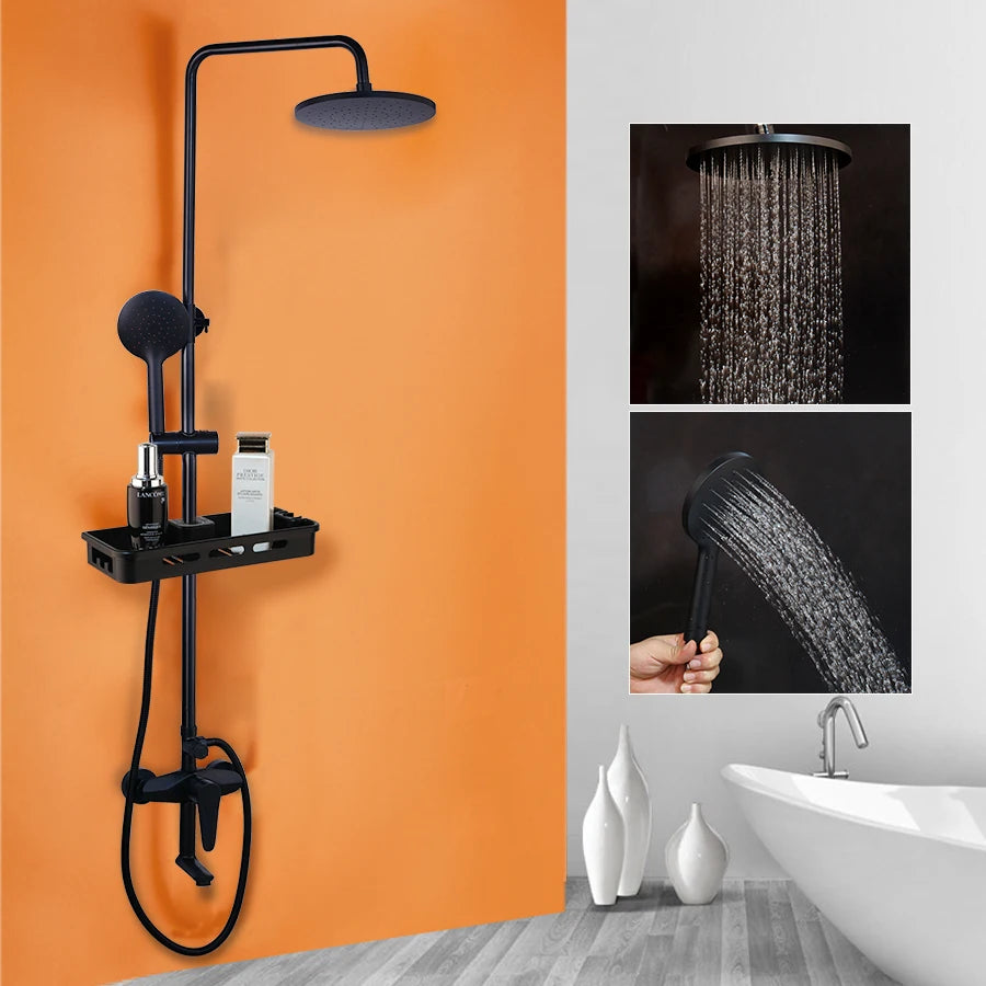 Matte Black Rainfall Shower System with Storage Shelf & Handheld Shower
