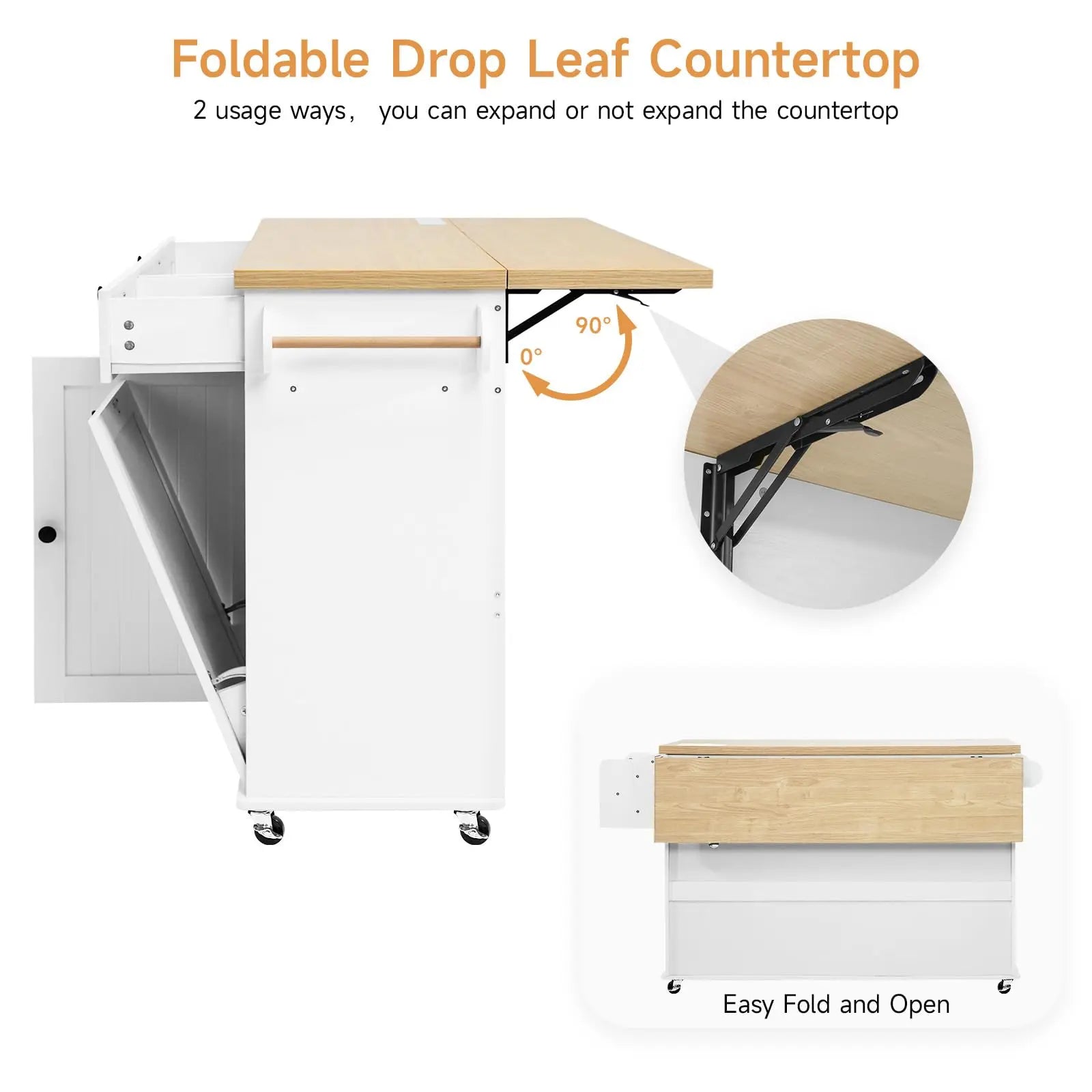 Rolling Kitchen Island with Drop Leaf, Power Outlet & Storage