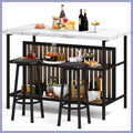 Kitchen Island Bar Table & 2 Stools Set, White Faux Marble, Storage Shelf, Space Saving, Home Bar Furniture