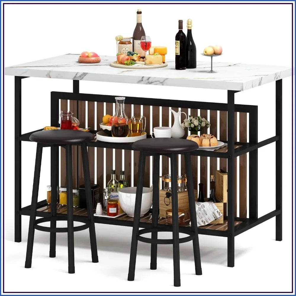 Kitchen Island Bar Table & 2 Stools Set, White Faux Marble, Storage Shelf, Space Saving, Home Bar Furniture