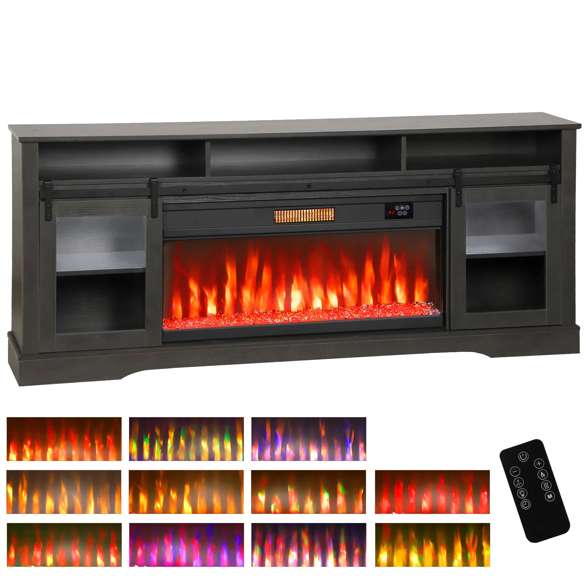 HOMCOM Fireplace TV Stand for TVs Up to 80 Inches, Modern Entertainment Center with 36" Glass Electric Fireplace & LED Lights, TV Console with Open Storage and Side Cabinets for Living Room, Black