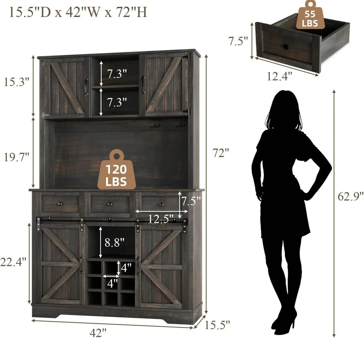 Farmhouse Coffee Bar Hutch with Sliding Barn Door, Wine Racks & 3 Drawers