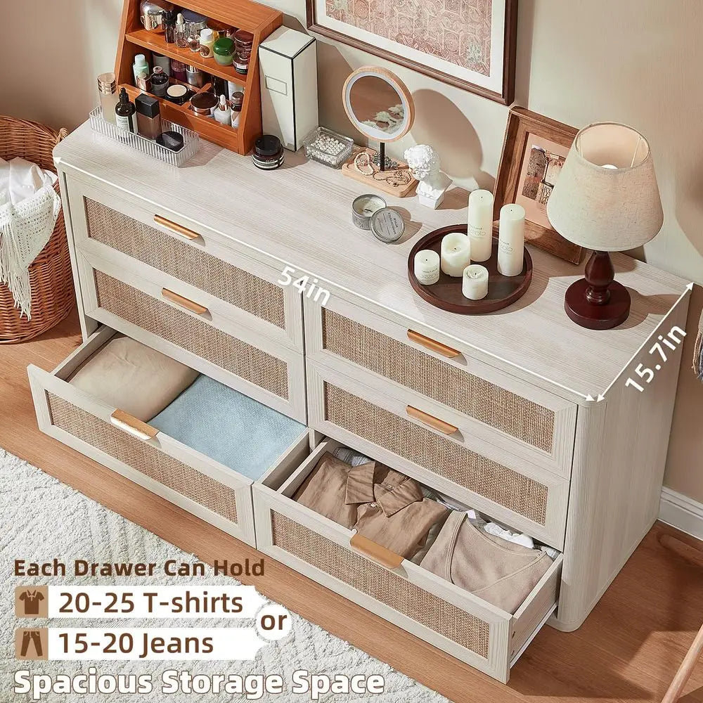 Boho Rattan 6-Drawer Dresser & TV Stand Organizer – 54 Inch