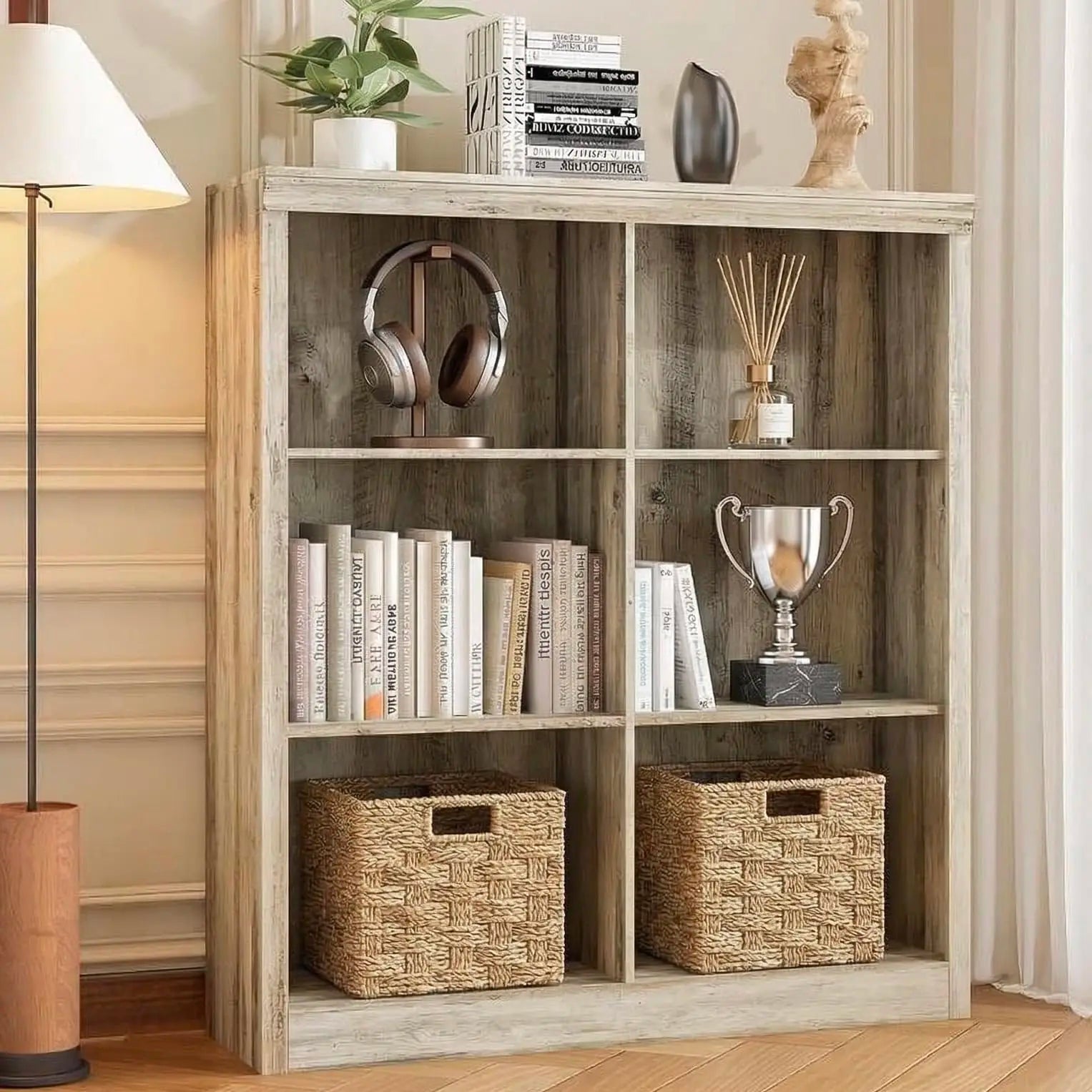 Heritage Farmhouse Bookshelf with Wicker Storage Baskets