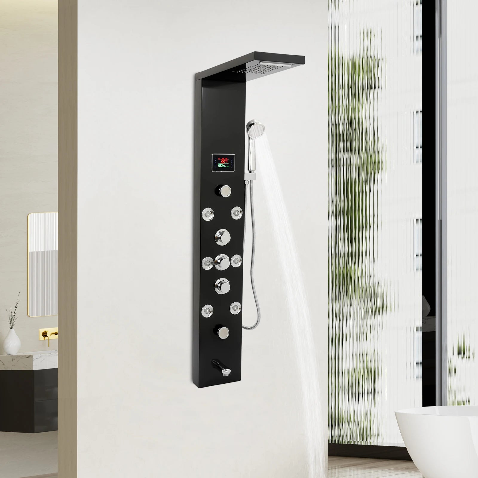 6-Function LED Shower Panel Tower with 8 Massage Jets – Black