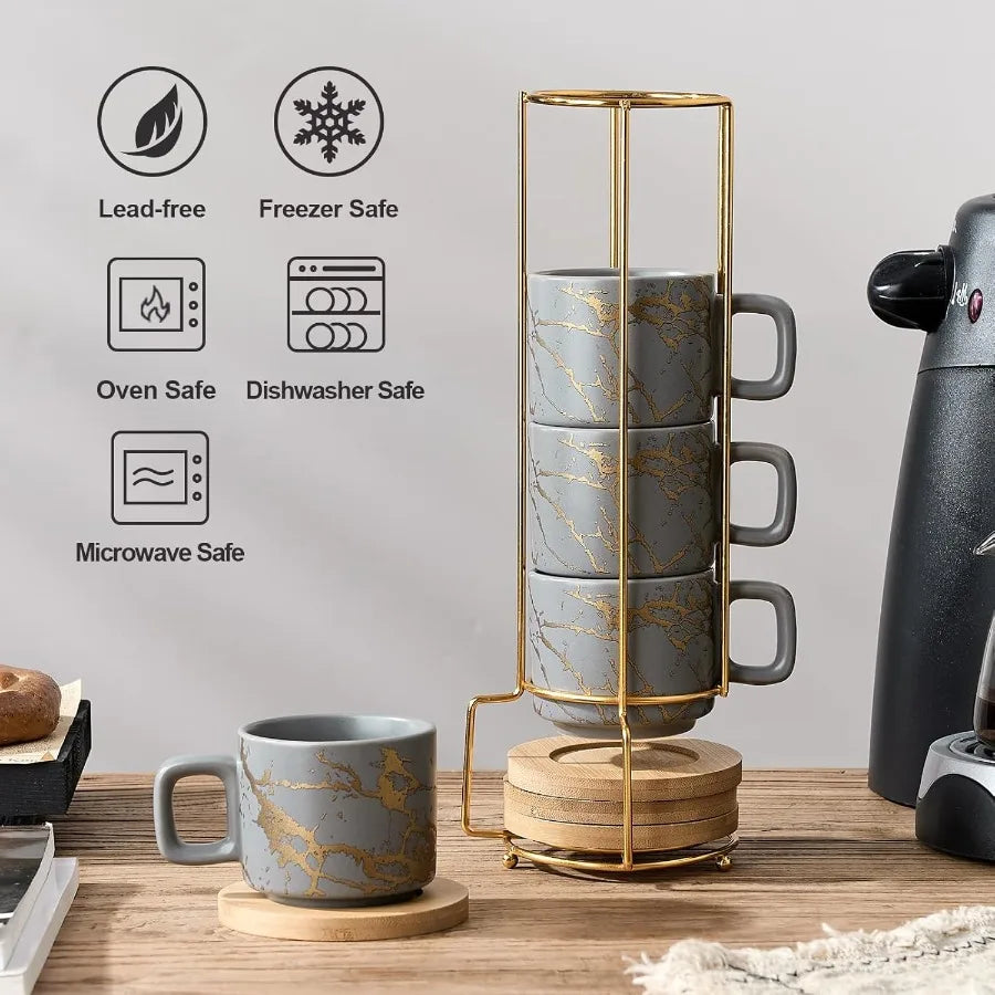 Bella Casa Stackable Espresso Cup Set with Metal Stand
