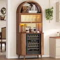 73" Arched Walnut Bar Cabinet with Fridge Space & LED Lighting