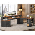 Forge Executive 65" L-Shaped Office Desk with Locking File Cabinet, LED Lighting & Power Station