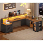 Forge Executive 65" L-Shaped Office Desk with Locking File Cabinet, LED Lighting & Power Station