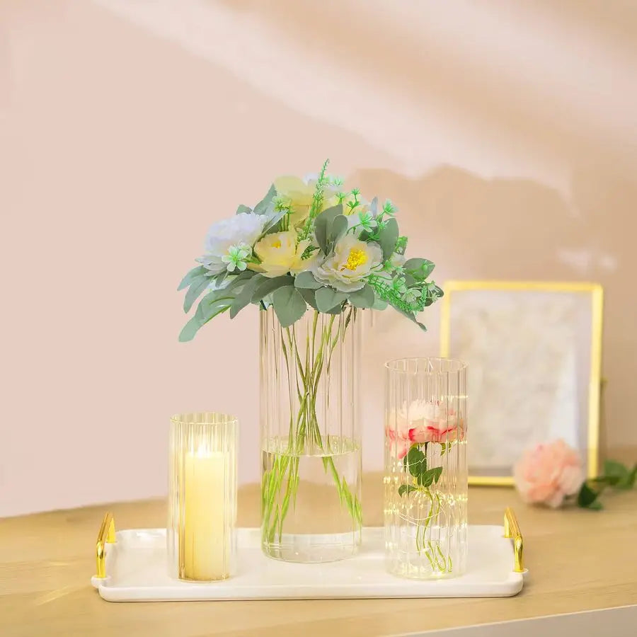 Ribbed Glass Candle Holder & Vase Set – 6 Piece