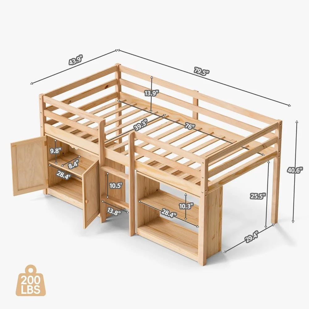 Low Loft Bed Twin Size with LED Lights, Storage Cabinet, Shelf, and Safety Guardrail, Natural Wood