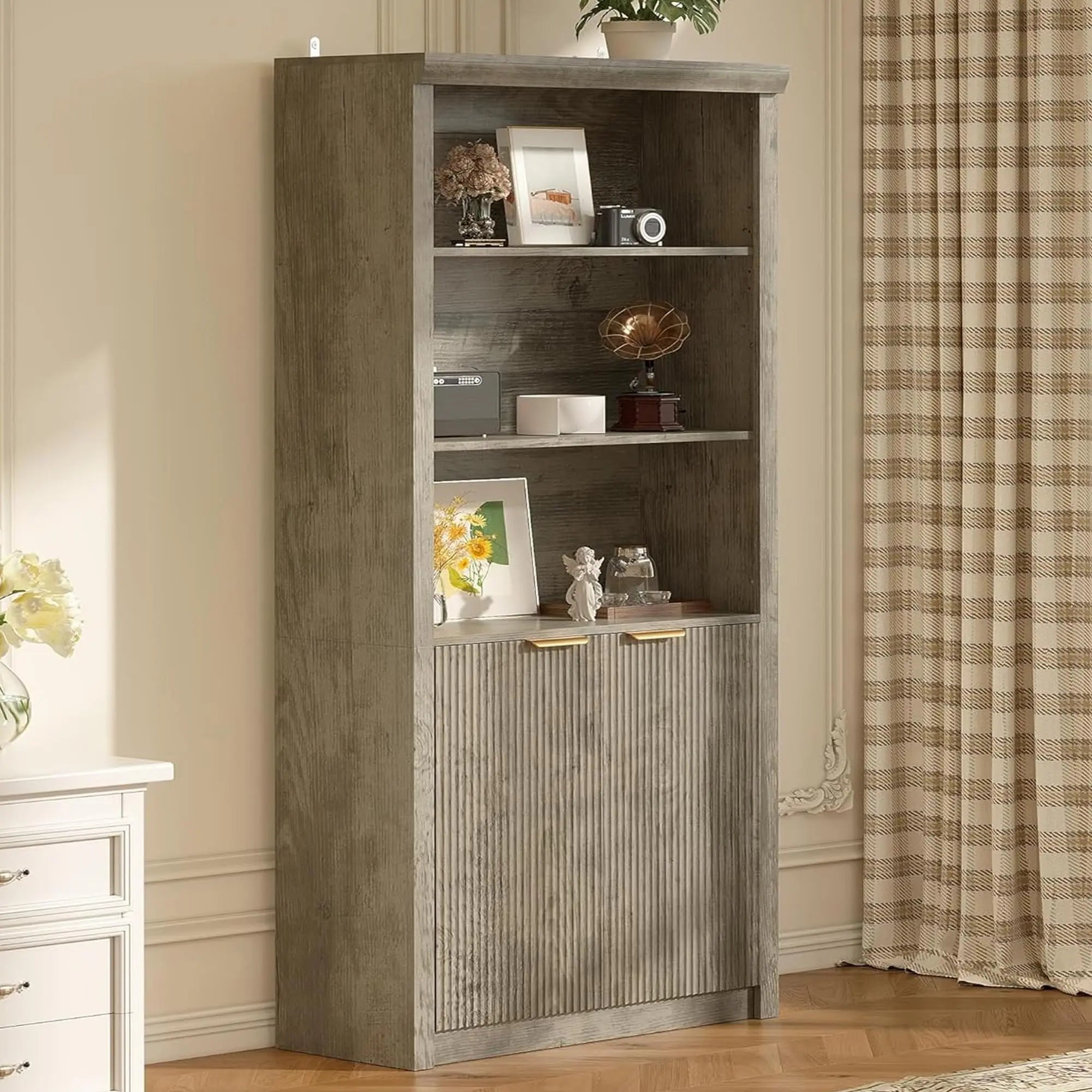 Heritage Farmhouse Bookshelf with Wicker Storage Baskets