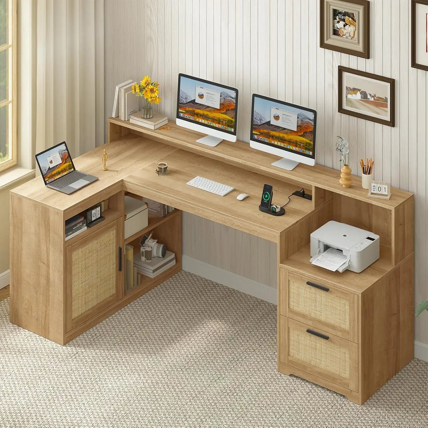 Heritage Farmhouse 62" L-Shaped Executive Desk with Storage & Power Station