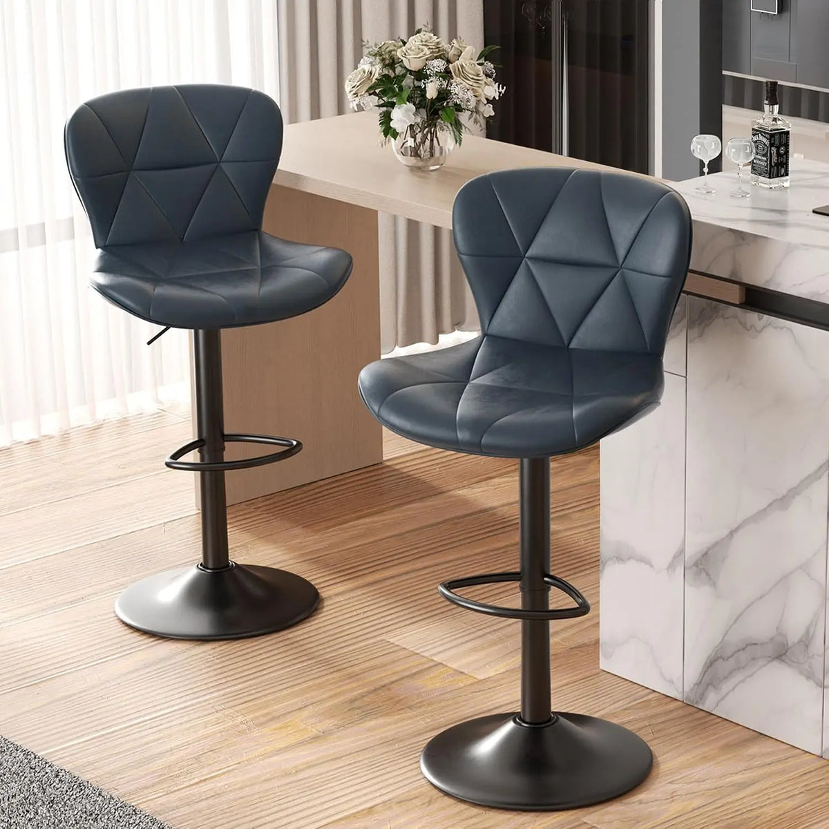 Set of 2 Modern Swivel Bar Stools, Adjustable Faux Leather Upholstered Counter Height Bar Chairs, Custom