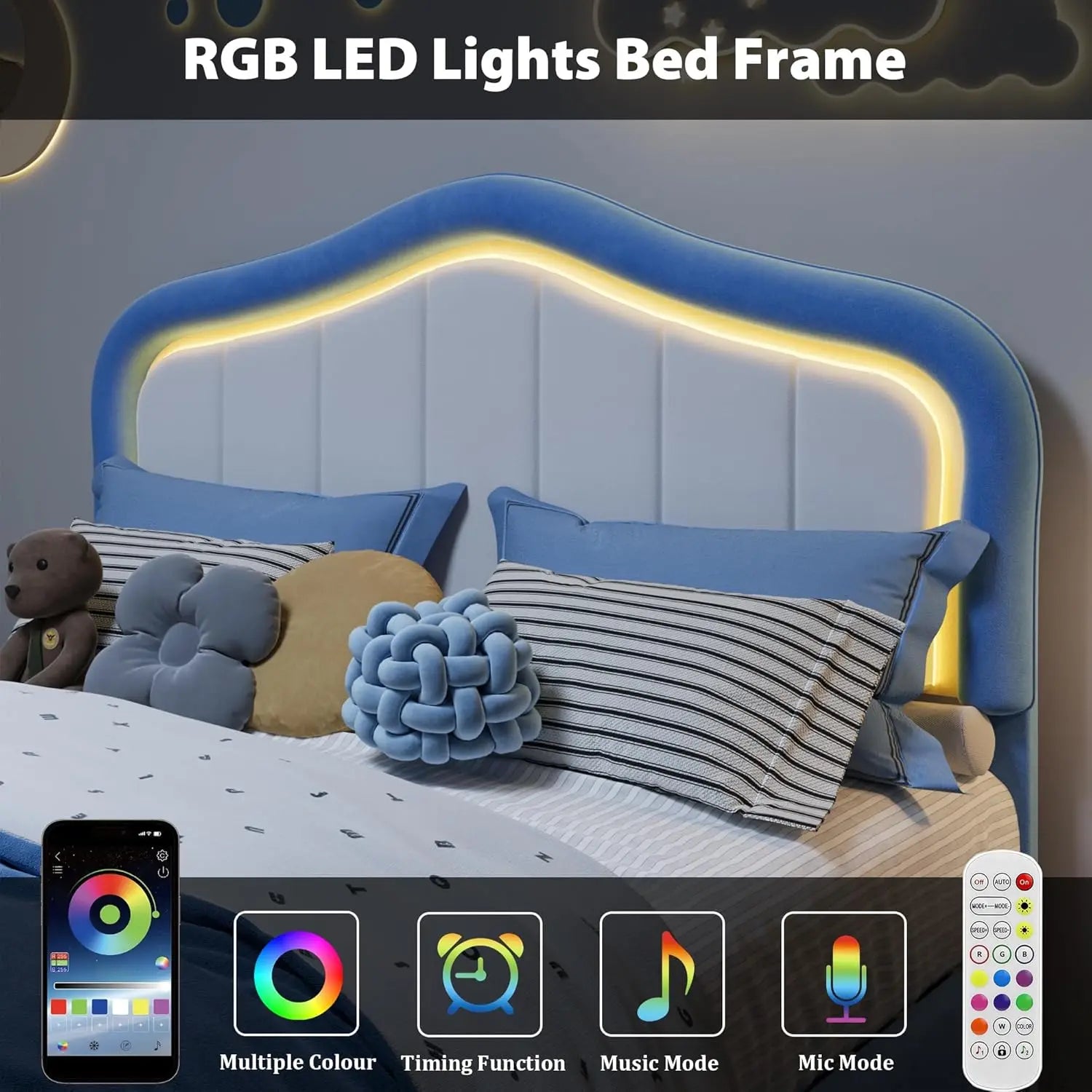 Kids Upholstered Bed Frame with LED Crown Headboard, Velvet Fabric and Metal-Wood Construction, Modern Princess Style Platform B