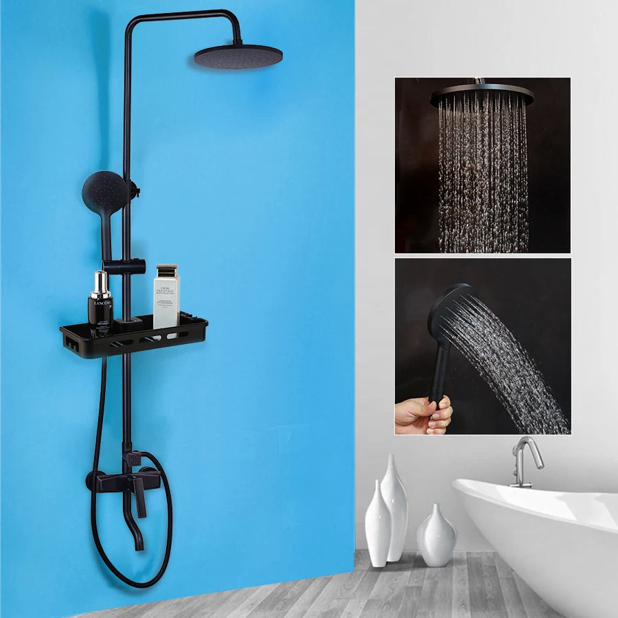 Matte Black Rainfall Shower System with Storage Shelf & Handheld Shower