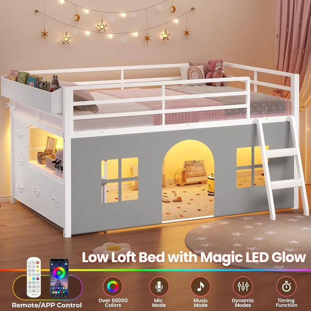 Twin Low Loft Bed with Tent, Storage & LED Lights
