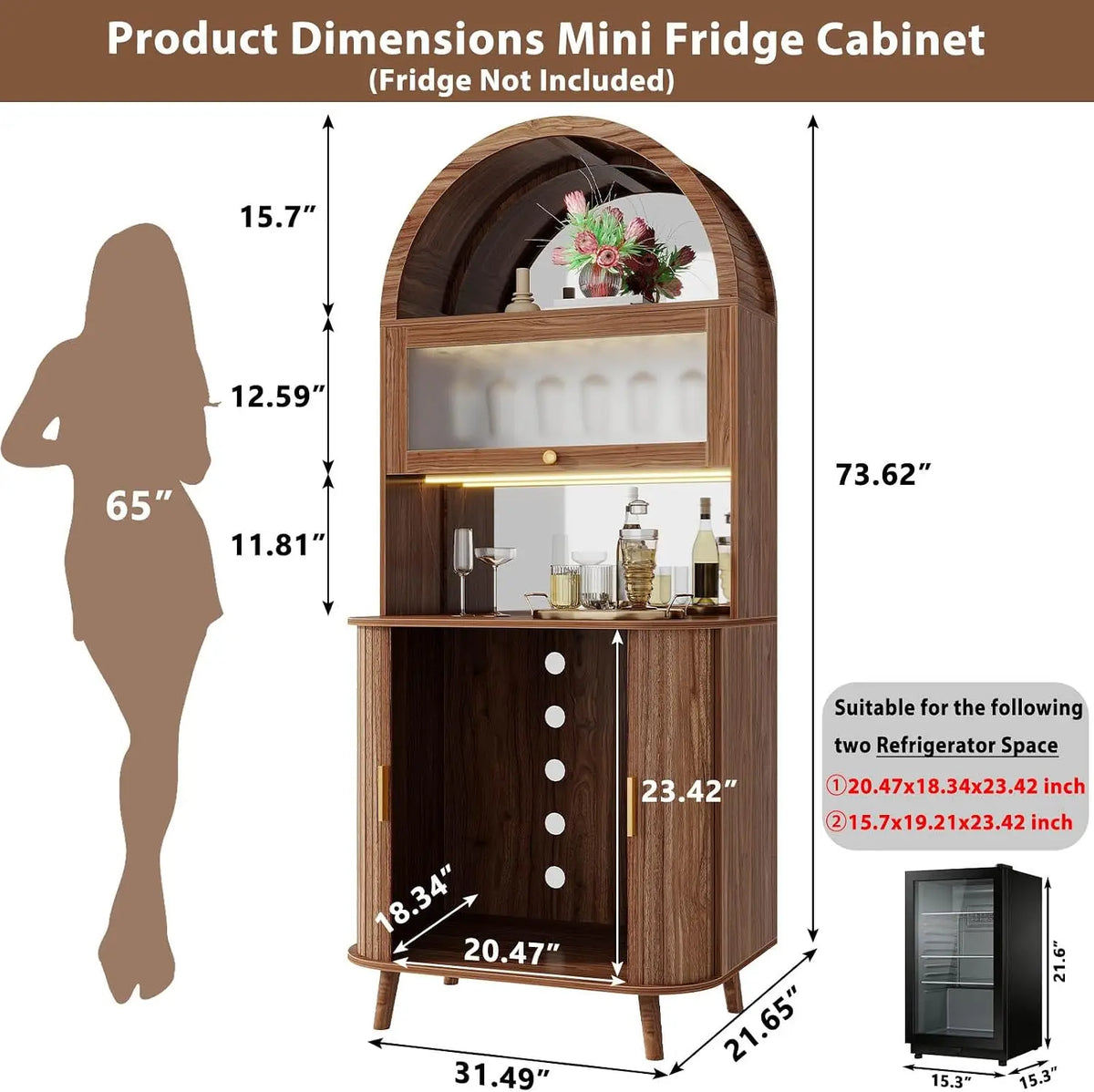 73" Arched Walnut Bar Cabinet with Fridge Space & LED Lighting