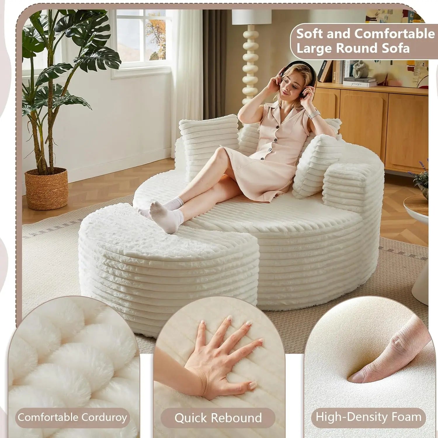 CloudNest Round Corduroy Chaise Lounge with Ottoman