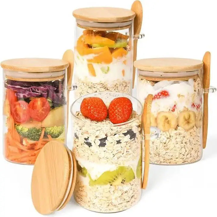 PurePantry 4-Piece Glass Food Storage Jar Set with Bamboo Lids & Spoons