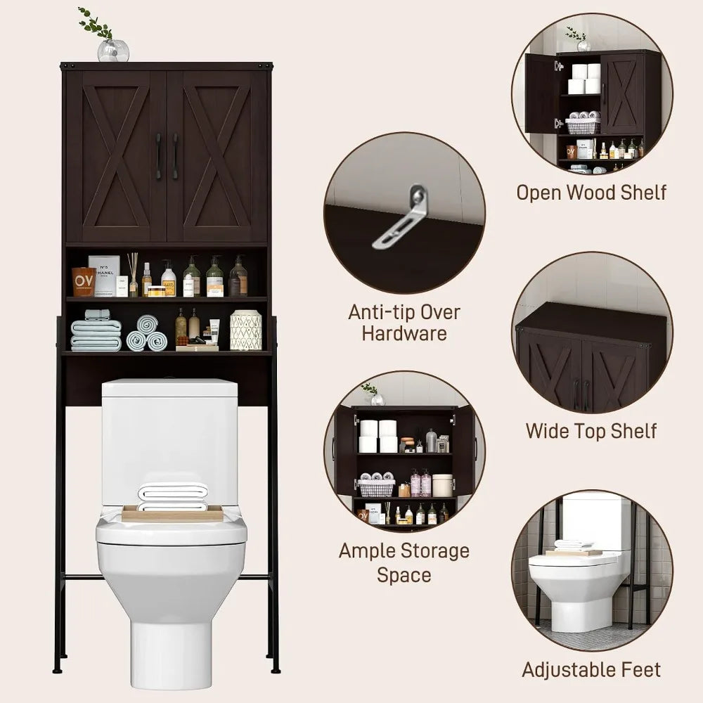 Farmhouse Over Toilet Storage Cabinet, Metal Frame with Barn Doors, Space-Saving Bathroom Rack