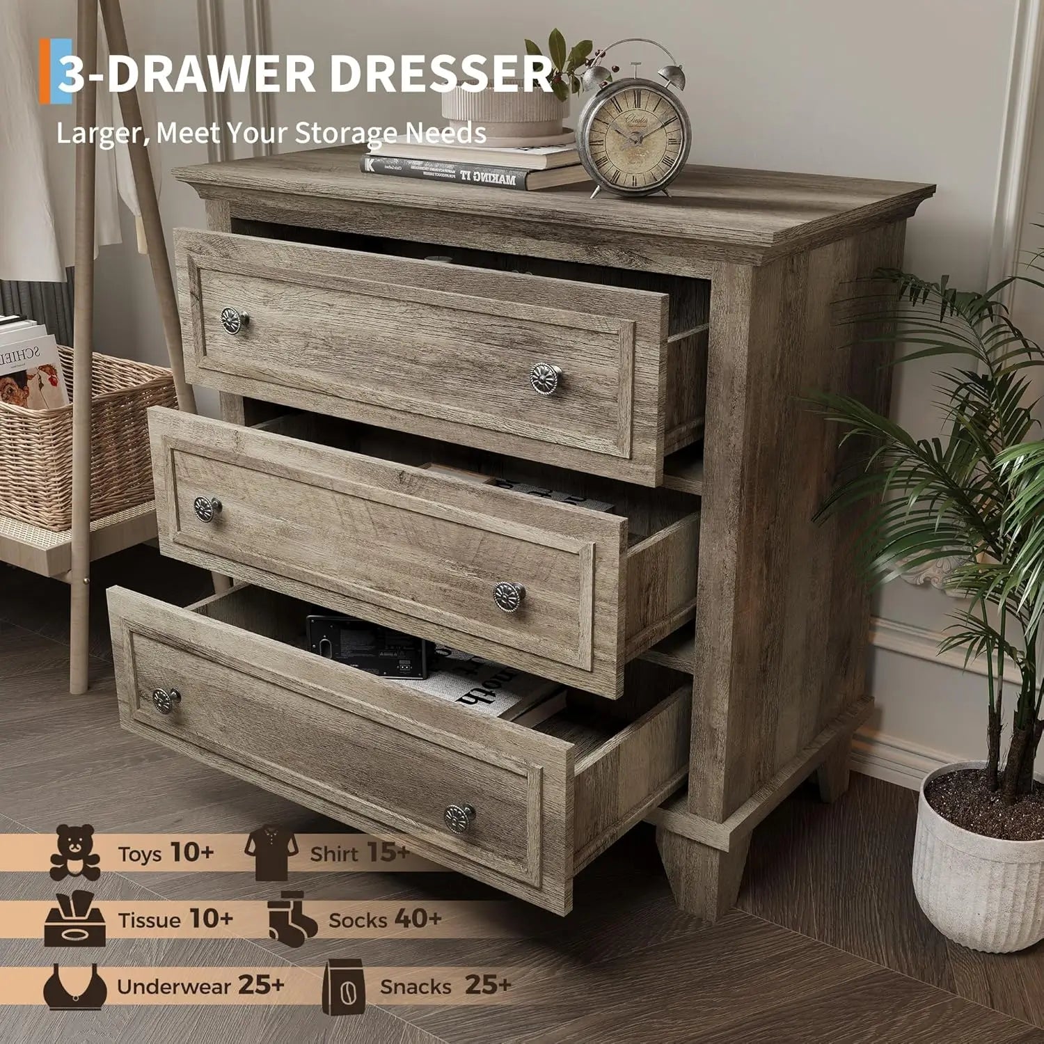 Modern 3-Drawer Wood Storage Dresser