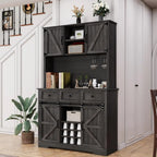 Farmhouse Coffee Bar Hutch with Sliding Barn Door, Wine Racks & 3 Drawers