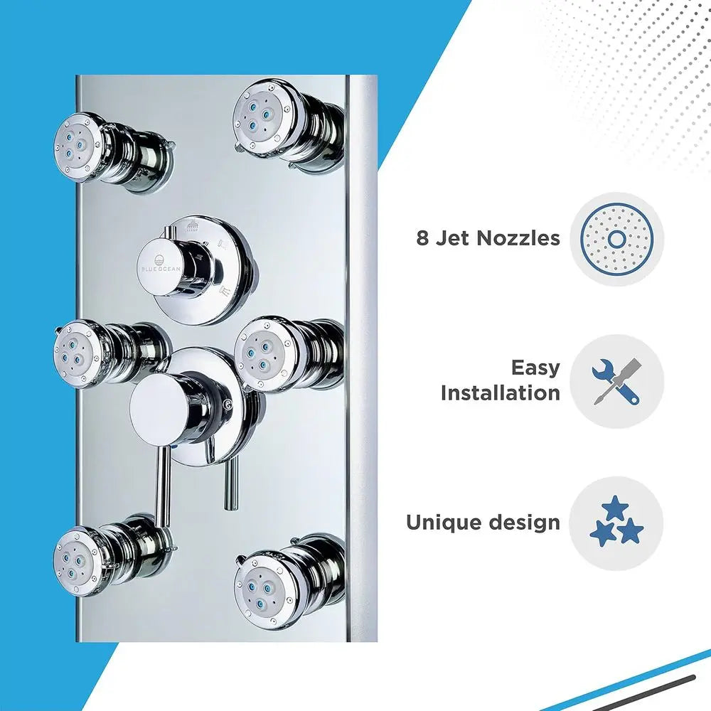 Aluminum Shower Panel Tower with Rainfall Head & 8 Massage Jets