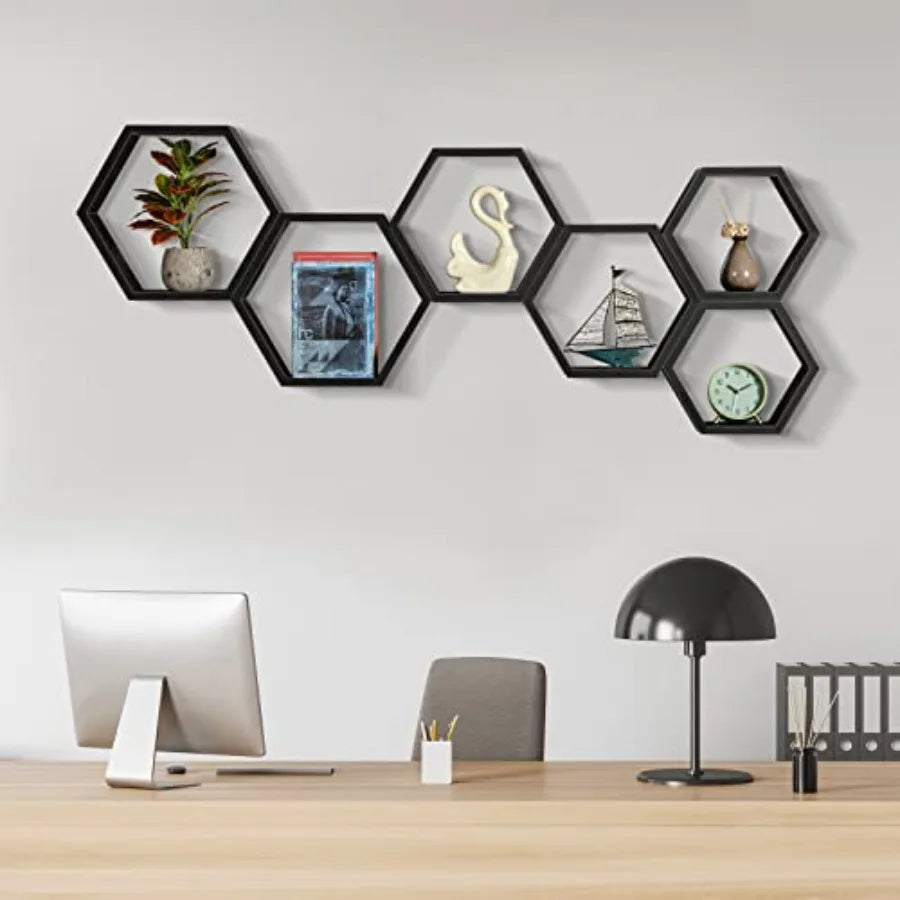 Heritage Hexagon Floating Wall Shelves – Set of 6 Honeycomb Shelves