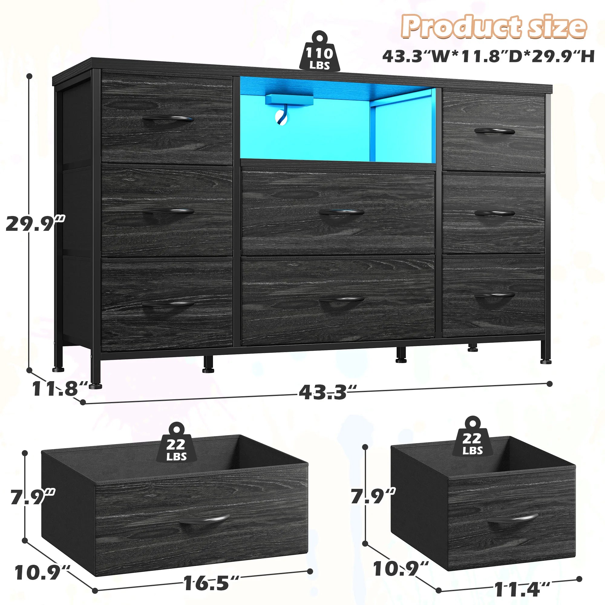Haven Ridge LED Media Dresser with Charging Station – Fits TVs up to 55 Inches