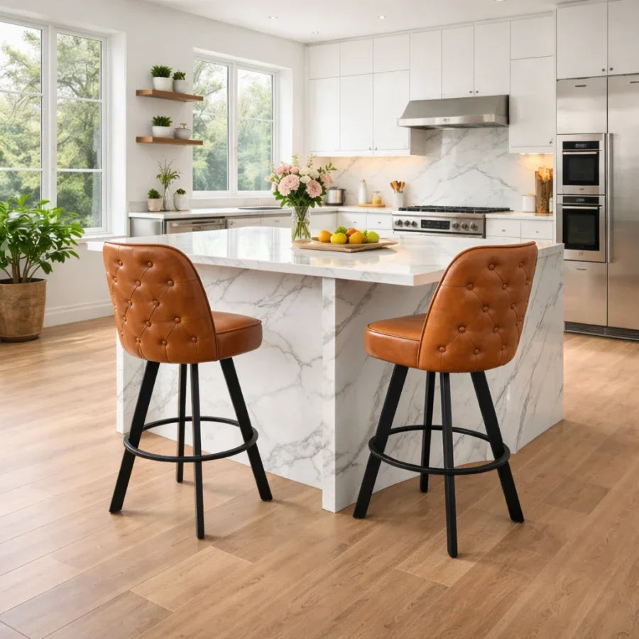 Set of 2 Commercial Grade Swivel Button-Tufted Back Bar Stools with Metal Frame Counter Height Kitchen Island Chairs, Comfortab