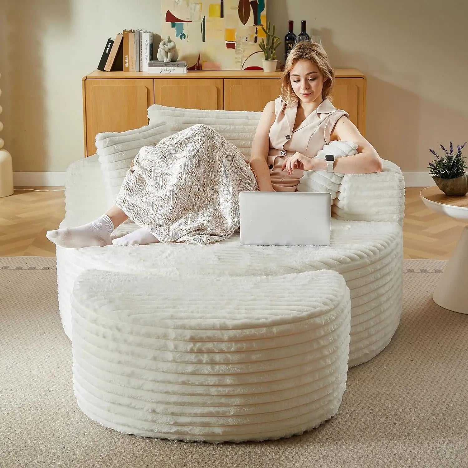 CloudNest Round Corduroy Chaise Lounge with Ottoman