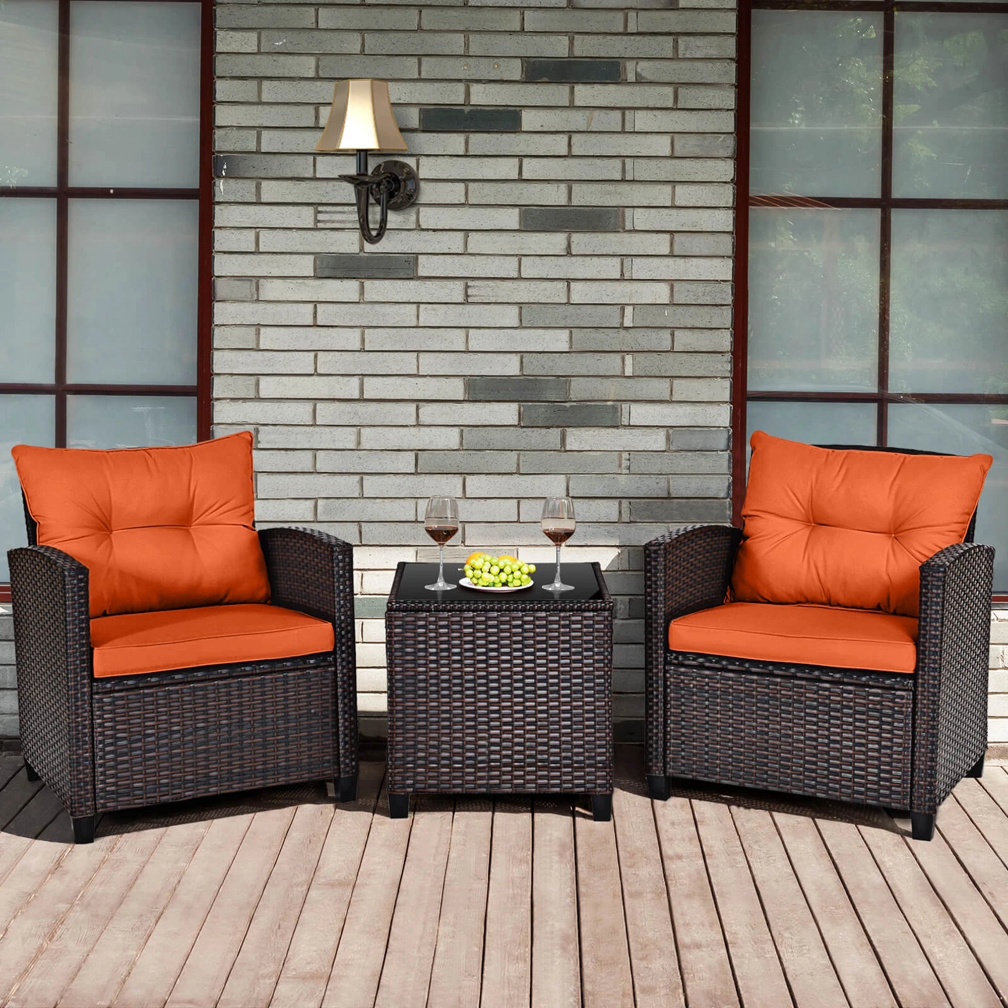 HavenHarbor 3-Piece Wicker Patio Conversation Set with Cushions & Glass Coffee Table