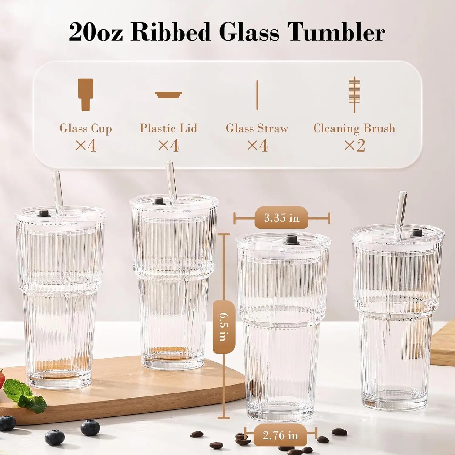 Haven Ridge Refresh Ribbed Glass Tumbler with Bamboo Lid & Straw – 20oz