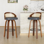 Swivel Bar Stools, Modern Wood Frame with Rattan Back, PU Leather Seat for Kitchen Counter & Bar Table - Set of 2