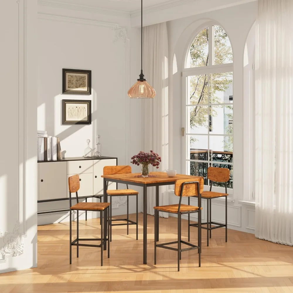 5 Piece Dining Table Set with 4 Chairs, Industrial Space Saving Kitchen Dinette for Apartment, Brown