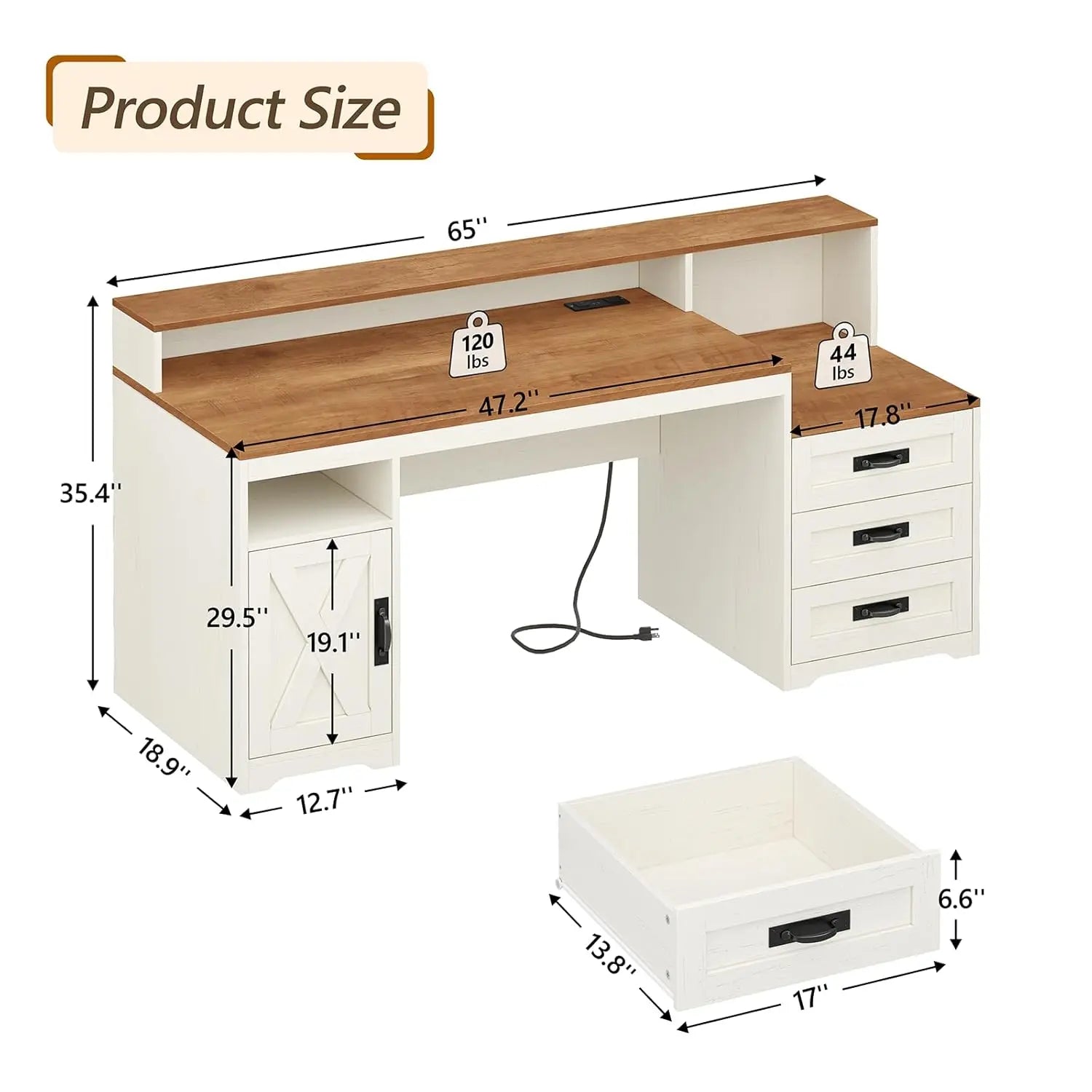 Heritage Farmhouse 65" Executive Computer Desk with Storage & Power Station