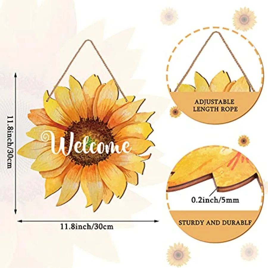 Welcome Wood Door Hanger 12 Inch Large Wooden Flower Sign, Inspirational Wall Porch Art, Summer Fall Front Door Wreath, Indoor