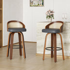 Swivel Bar Stools, Modern Wood Frame with Rattan Back, PU Leather Seat for Kitchen Counter & Bar Table - Set of 2