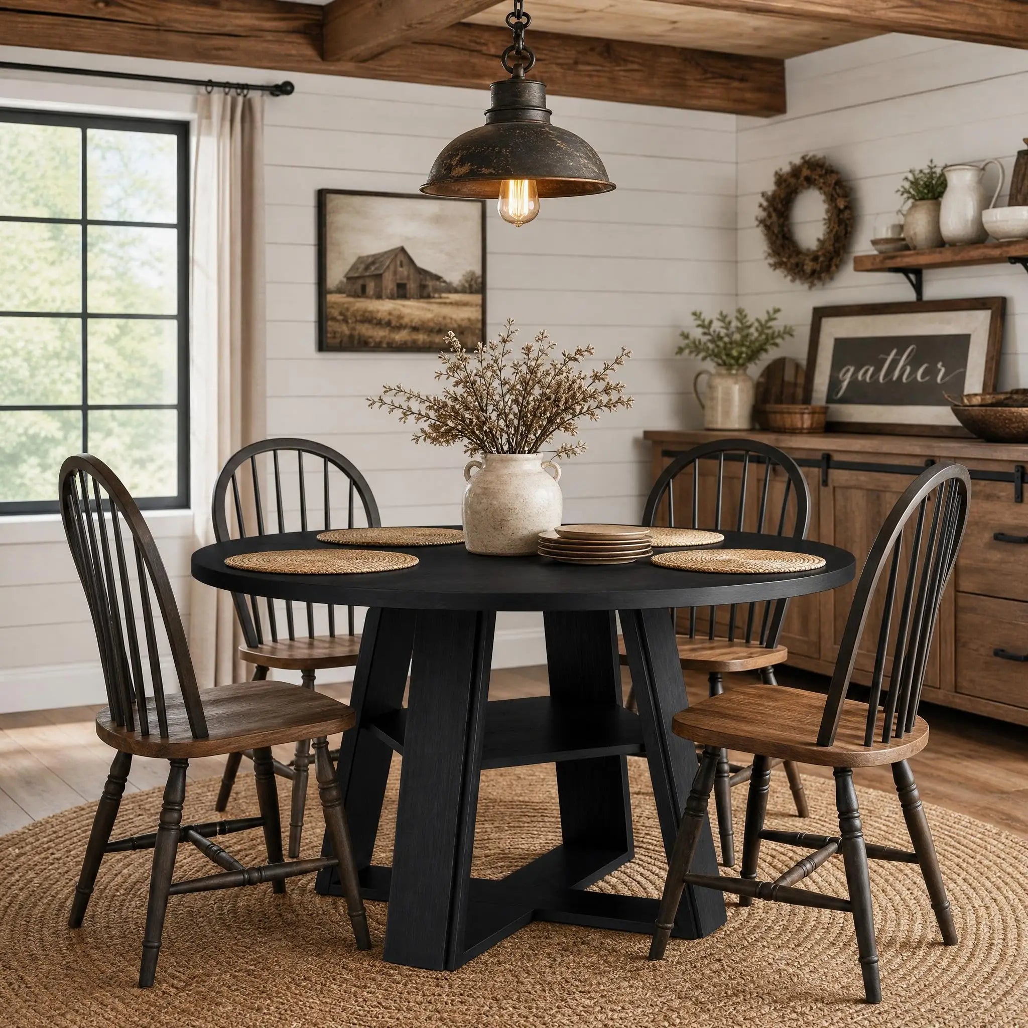 Modern Farmhouse 43'' Round Dining Table with Sturdy Wooden Pedestal, Extra Storage Shelf, Space-Saving for Kitchen & Dining Room, Seats 2-4，(Only table)